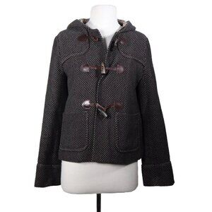 Cacharel Women’s Small Brown Tweed Duffle Coat Wool Elbow Patch Hooded Jacket